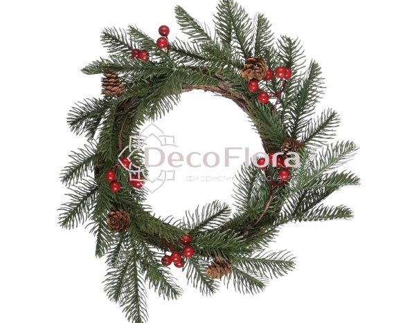 Венок с ягодами и шишками 35см красный/коричневый